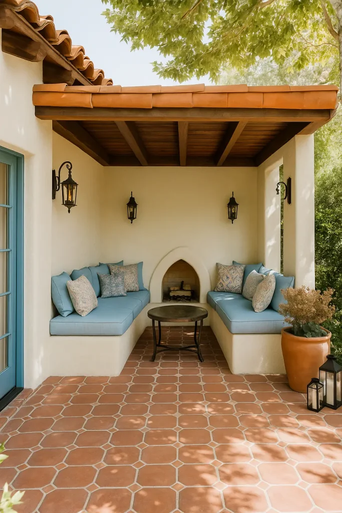 Mediterranean Patio with Cozy Fireplace

