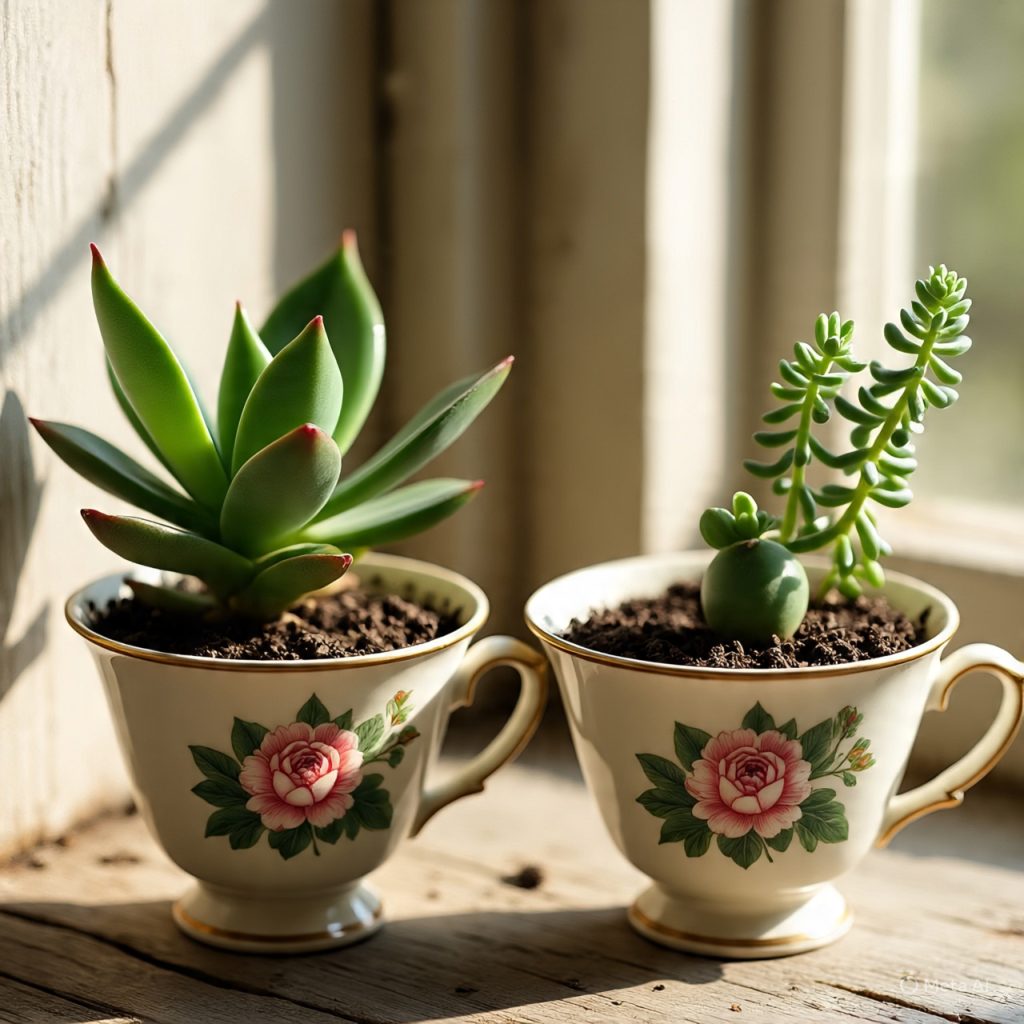 upcycled home decor Tea Cups Turned Planters