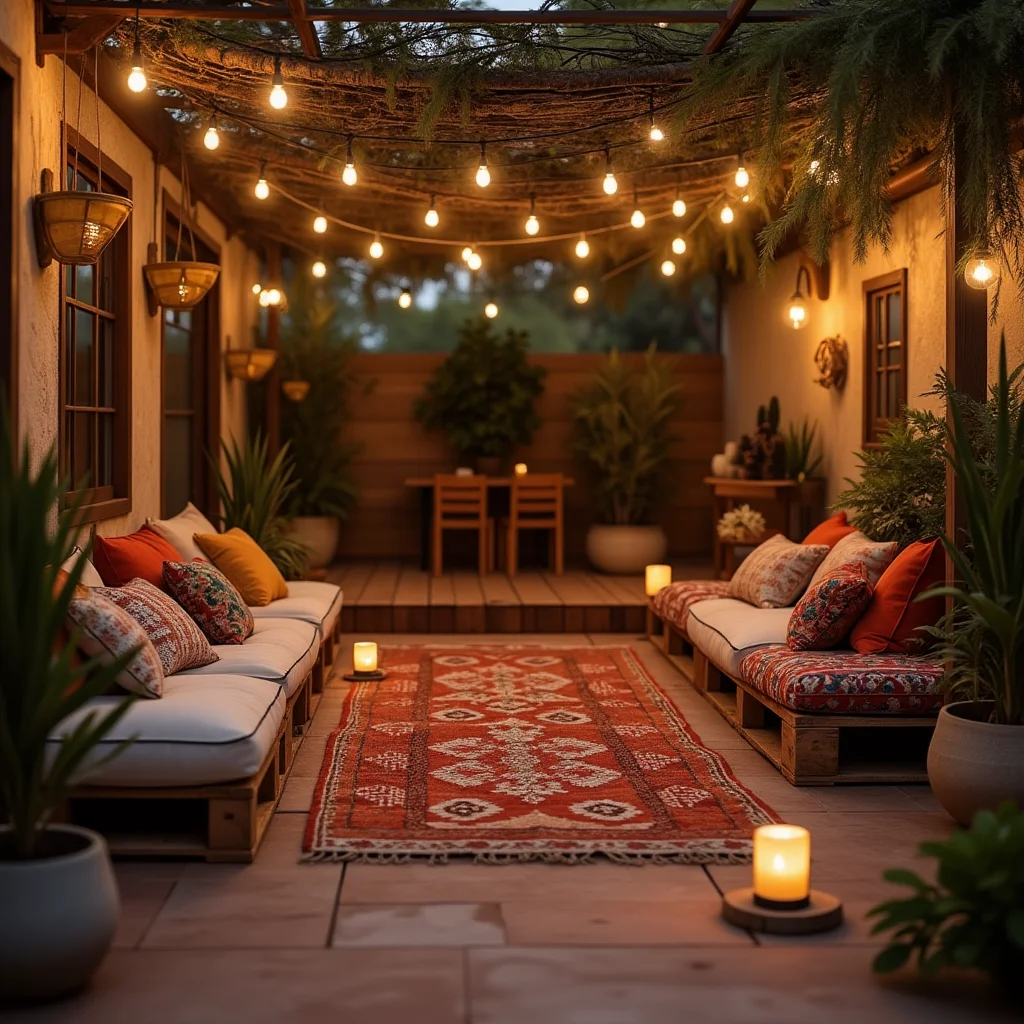 Bohemian-style patio seating, lighting and rug
