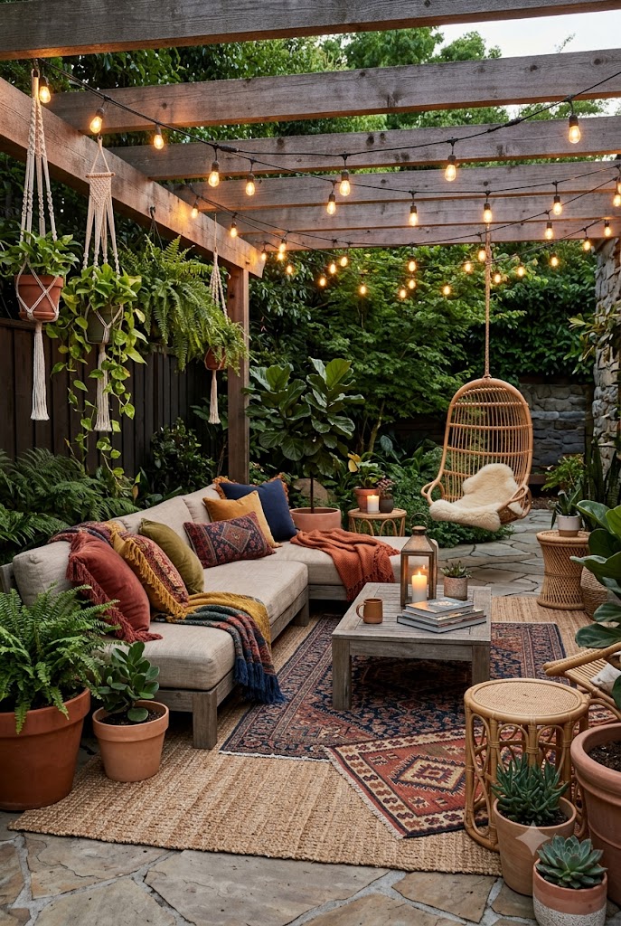 Cozy Boho Patio with String Lights