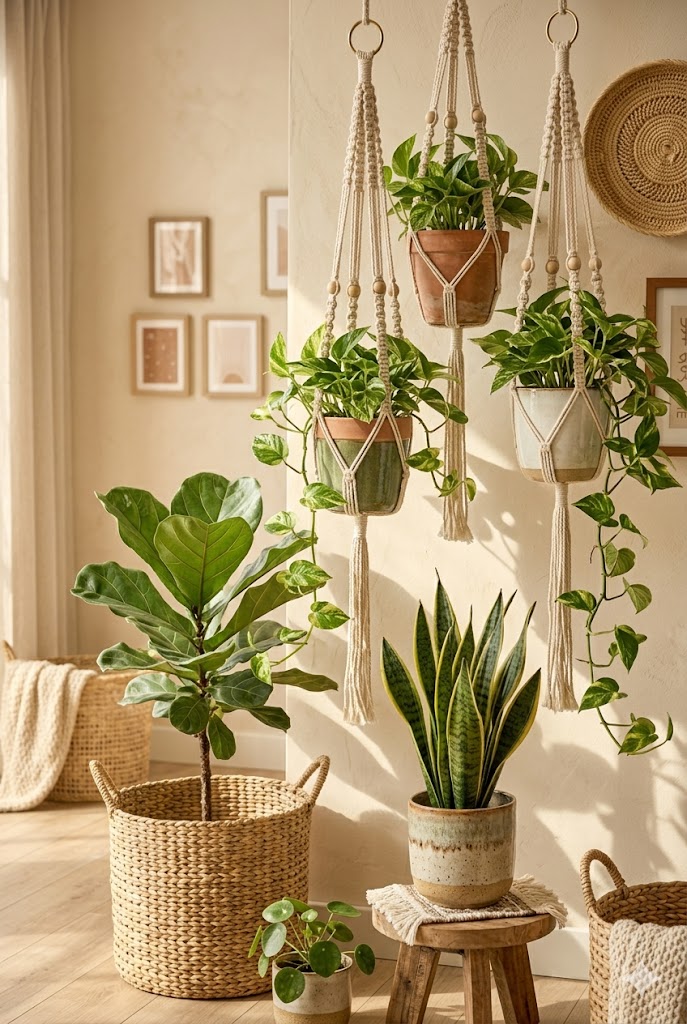 Boho chic living room with indoor plants including pothos, fiddle leaf fig, and snake plant in woven and ceramic planters.
