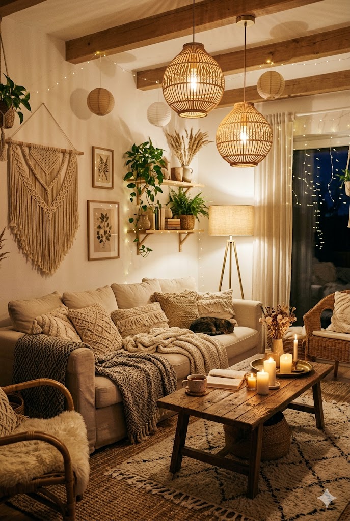 Boho chic living room with warm ambient lighting, rattan pendant lights, candles, and string lights creating a cozy bohemian glow.