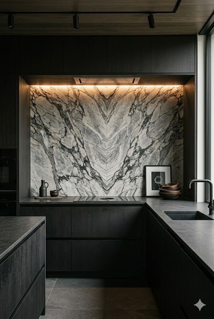 Designer kitchen with book-matched marble backsplash