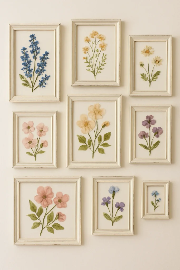Old Frames Reimagined
A collection of framed pressed flowers in various colors, including blue, yellow, pink, and purple, arranged on a light-colored wall.