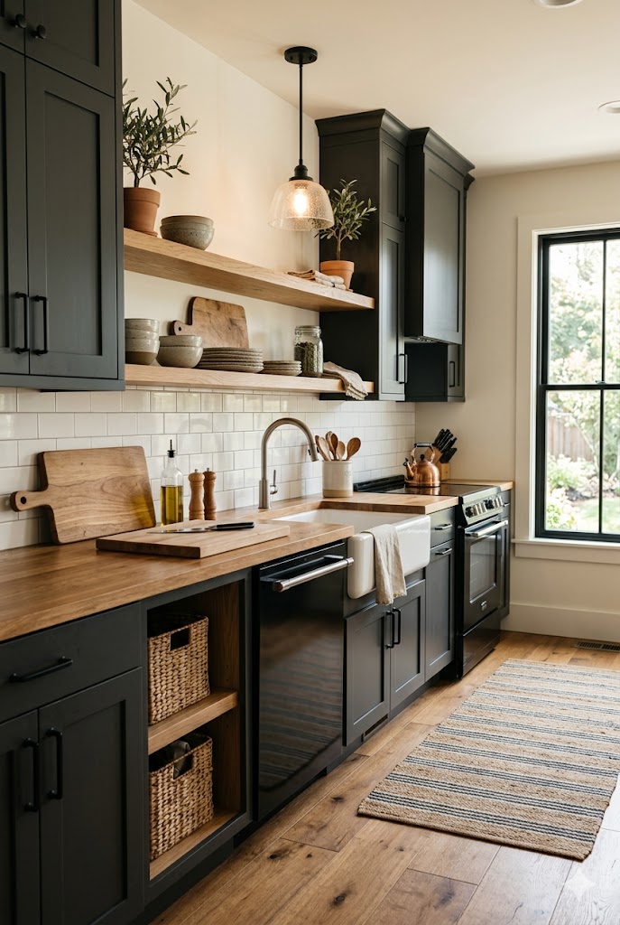 Modern farmhouse kitchen with deep charcoal gray cabinets and natural oak open shelving