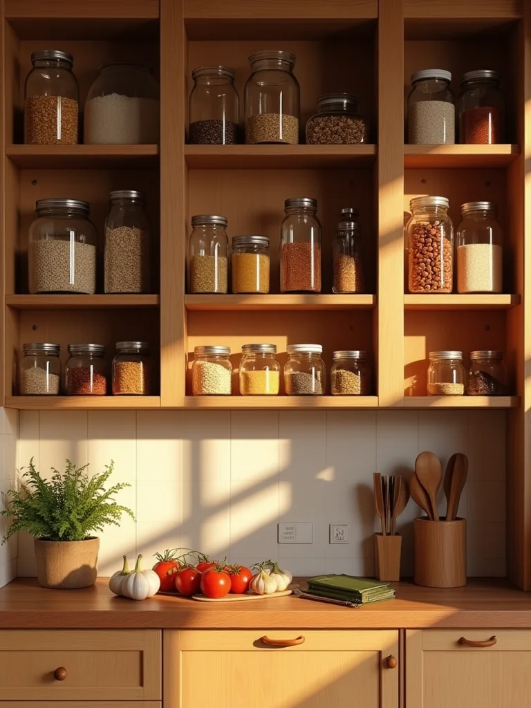glass jars or ceramic canisters in farmhouse kitchen pantry