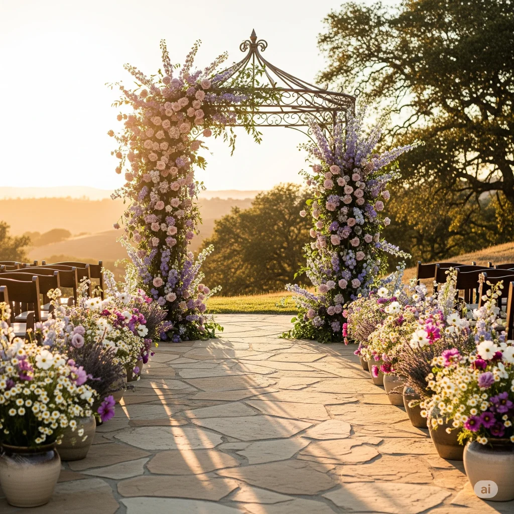 A cottagecore wedding aisle with a flower-decorated archway and fild floral arrangements lining the path at sunset.