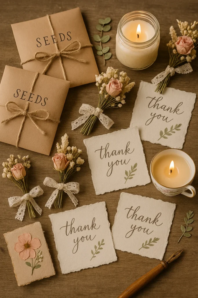 Cottagecore wedding favors & keepsakes. A flat lay showing kraft paper seed packets, dried flower bouquets, "thank you" notes, and lit candles.
