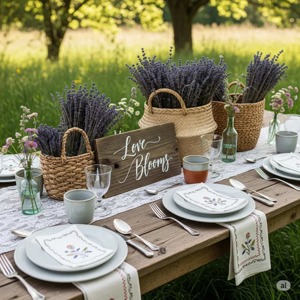 Cottagecore wedding table decor. An outdoor table set for a meal, featuring lavender arrangements in baskets, place settings with embroidered napkins, and a wooden sign saying "Love Blooms
