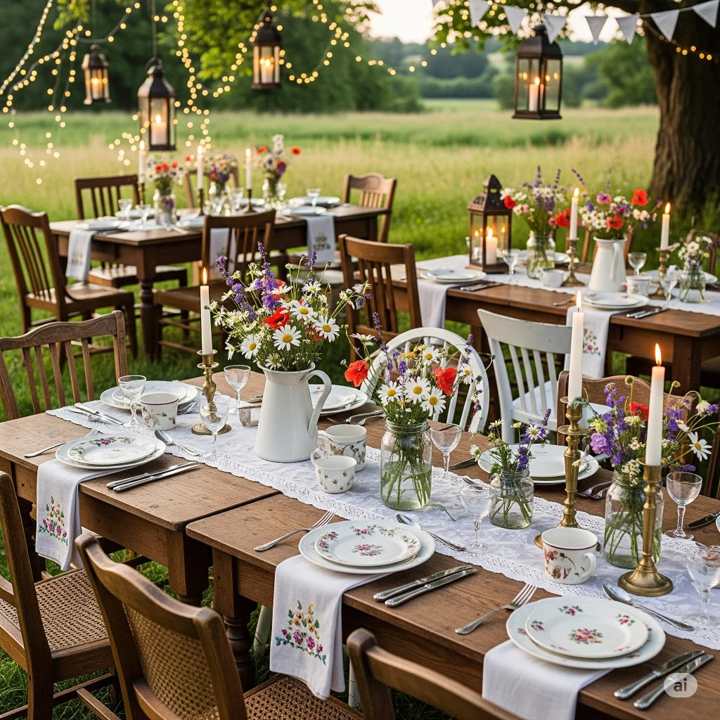 Outdoor Cottagecore wedding venue decor  dining setup with long wooden tables, chairs, and white table runners adorned with floral arrangements and candles, set in a grassy area with trees in the background.
