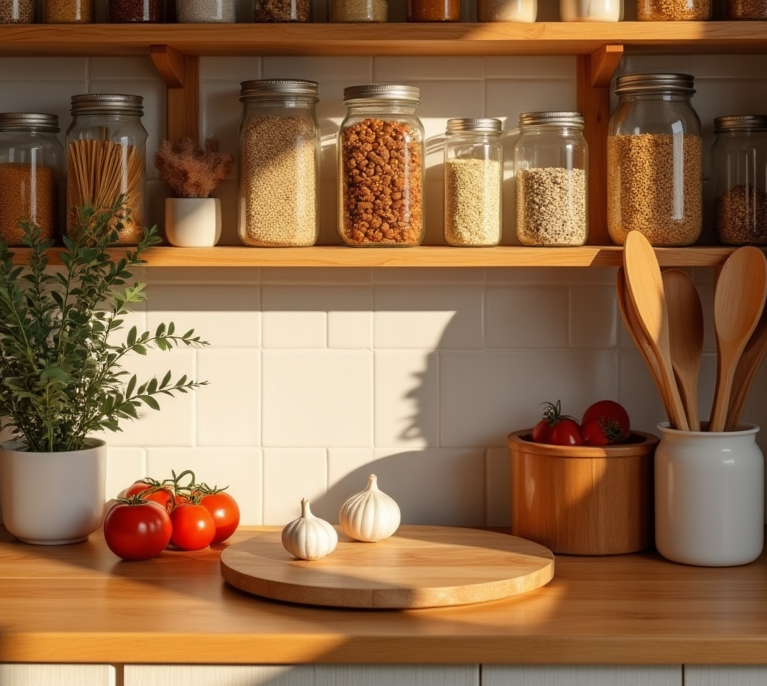 ceramic crock, wooden spoons for a farmhouse look.