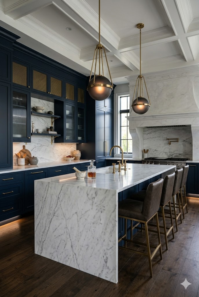 Modern luxury kitchen with dramatic color palette