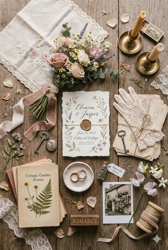 Dreamy cottagecore wedding mood board aesthetic