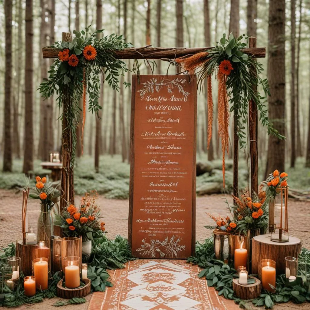 A rustic outdoor wedding ceremony setup in a forest clearing, featuring a wooden arch adorned with greenery and orange flowers, a decorative aisle runner, candles, and a wooden sign with text. 