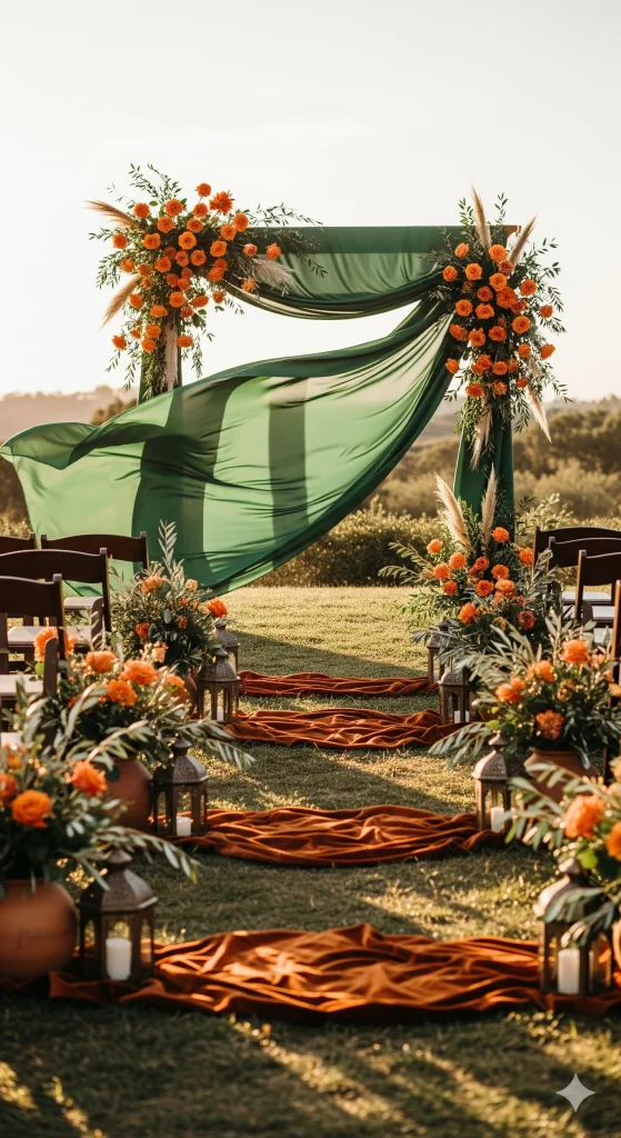 A wedding ceremony arch decorated with orange flowers and green drapes, set outdoors with chairs and lanterns lining an aisle. 