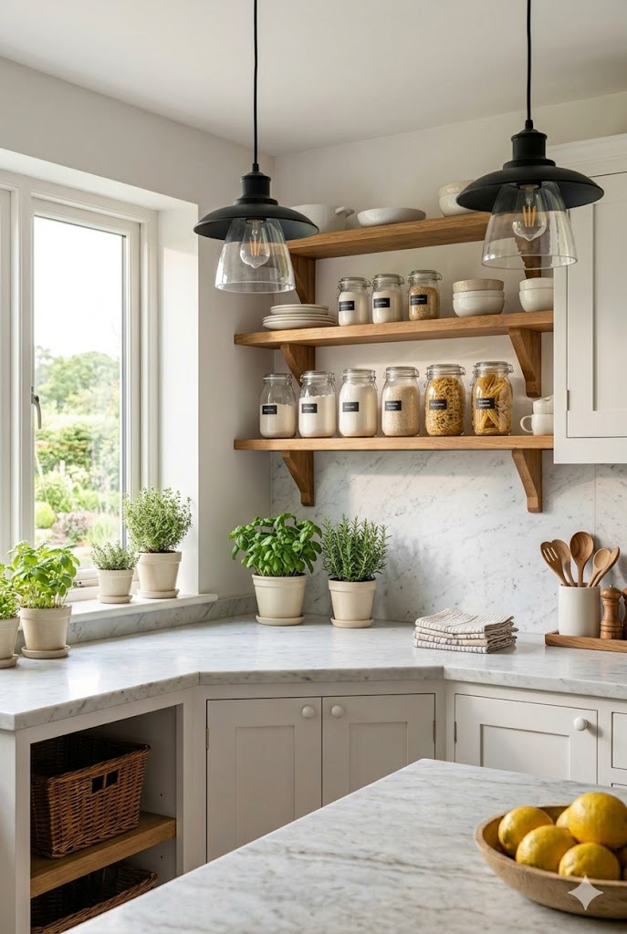 modern farmhouse kitchen with sleek white cabinetry and black pendant lights