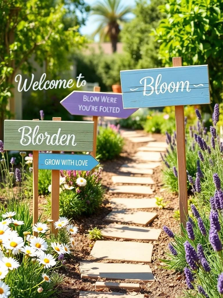 A garden path with directional signs pointing towards "Bloom," "Blorden," and "GROW WITH LOVE," surrounded by lavender and daisies.
