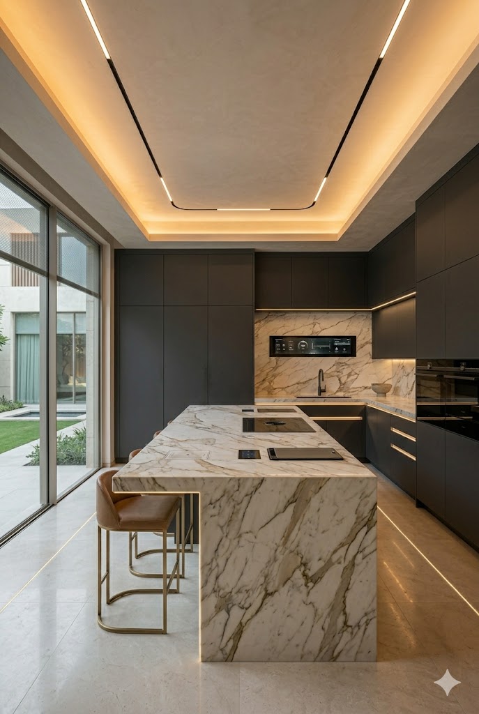 High-tech luxury kitchen with hidden storage, integrated smart appliances