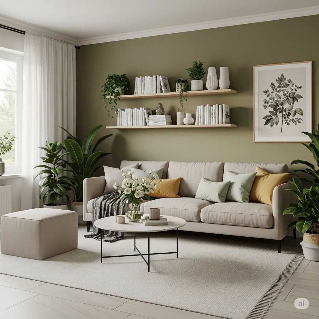 Japandi Living Room Color Palette
A cozy living room with a beige sofa, floating shelves with books and plants, and a large botanical print on a green wall.