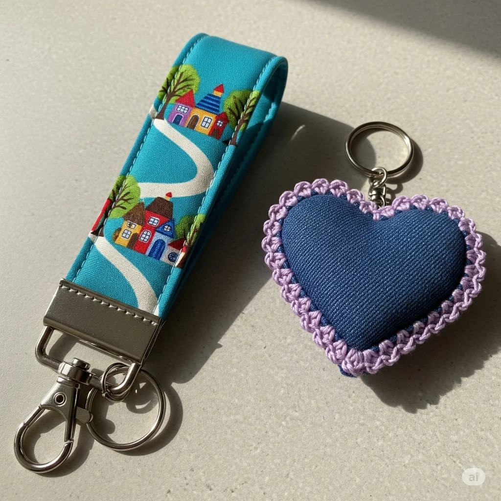 Key Fob wristlet and heart shaped denim keychain
