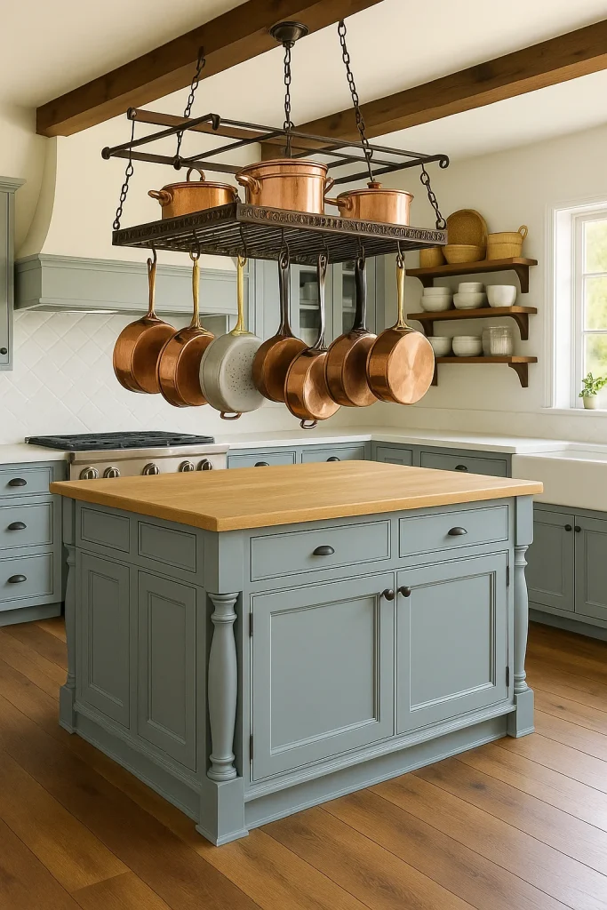 ladder pot rack in farmhouse kitchen