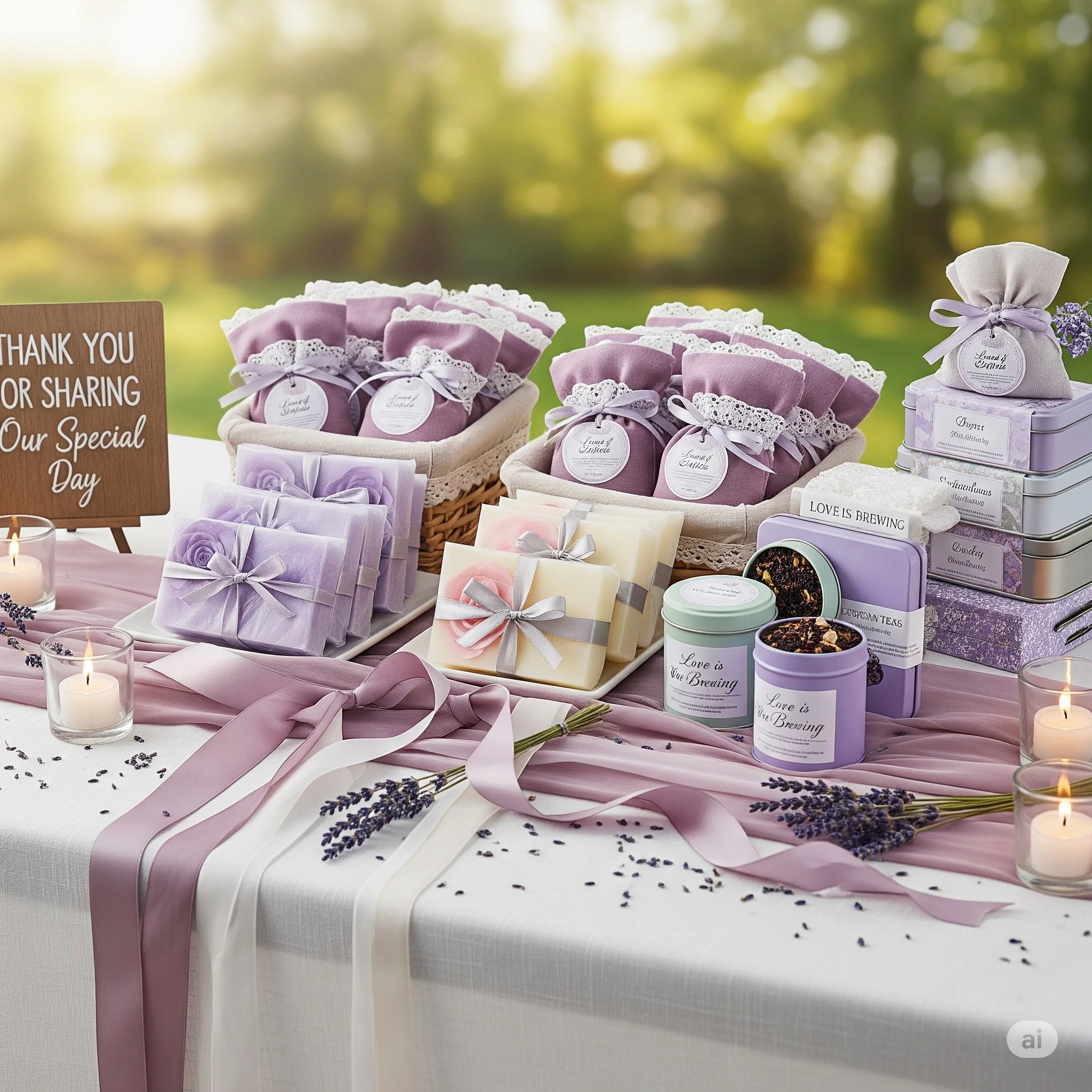 lavender and mauve wedding theme favours. A table decorated with lavender ribbons and flowers, featuring various lavender-themed gifts and favors, including sachets, boxed gifts, and tea tins, with a "Thank You" sign
