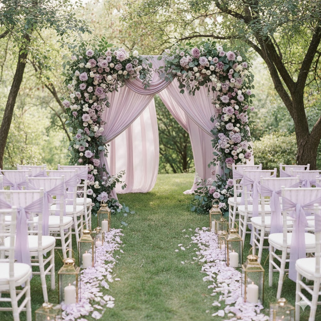 romantic outdoor wedding ceremony styled in soft lavender and mauve tones