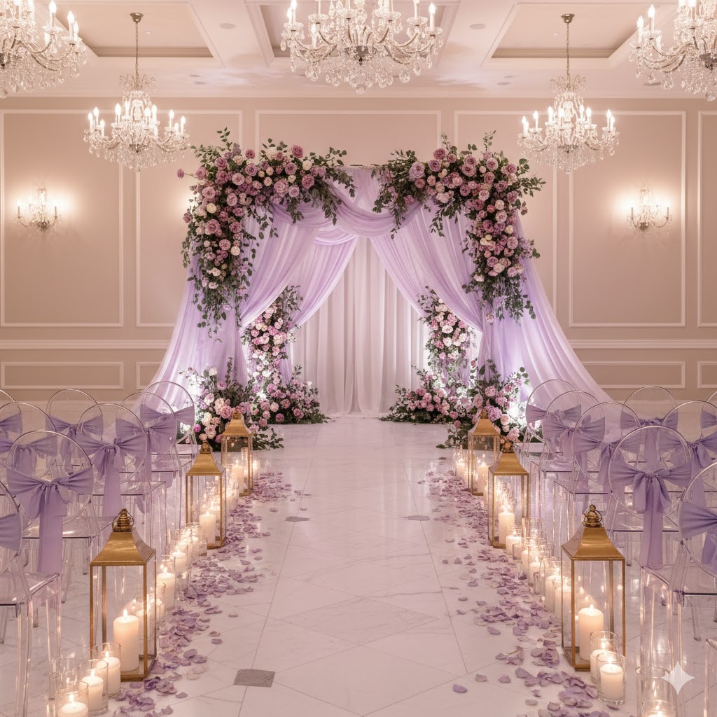 A luxurious indoor wedding ceremony styled in soft lavender and mauve tones