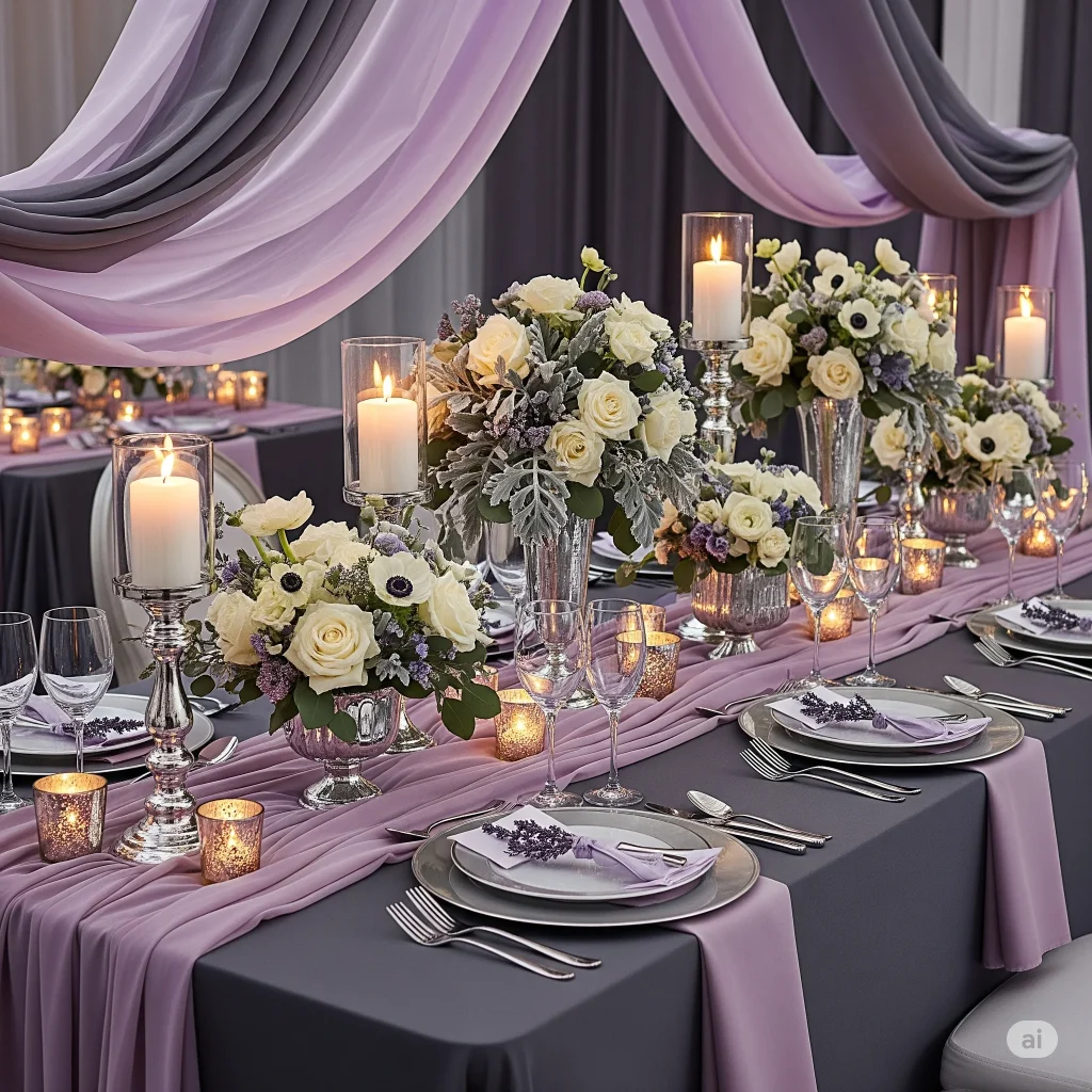 Winter season Lavender and mauve wedding ceremony table decoration with grey colour palette