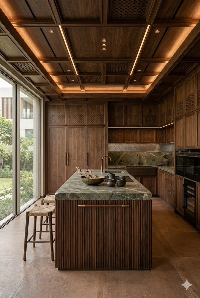 Luxury kitchen with walnut wood cabinetry