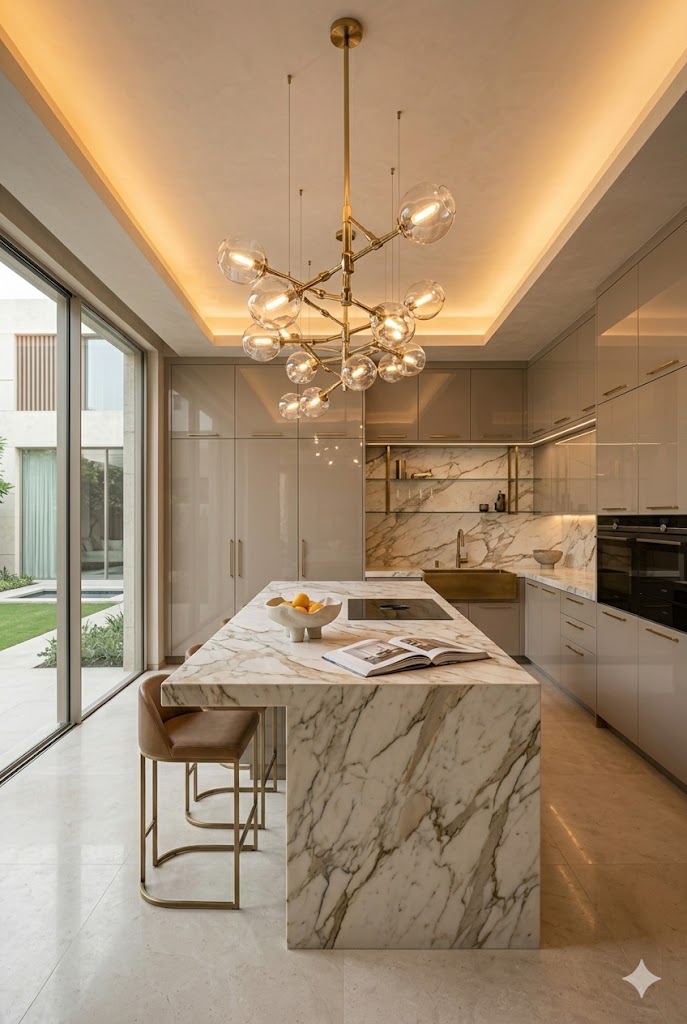 Modern luxury kitchen with oversized sculptural pendant lighting above marble island