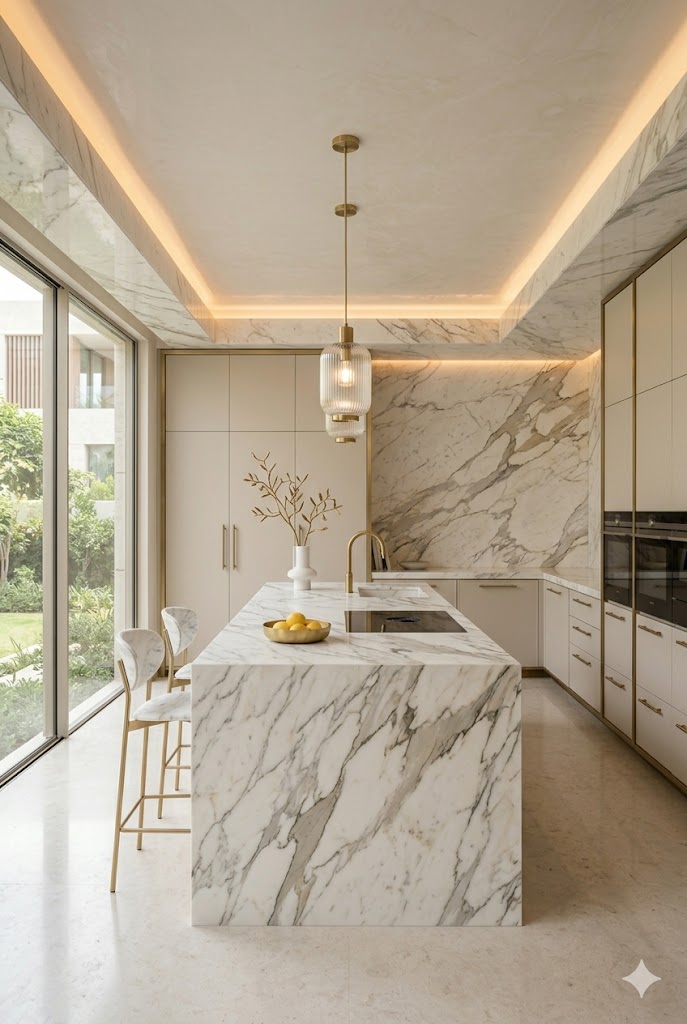 Luxurious modern kitchen featuring dramatic white marble waterfall island