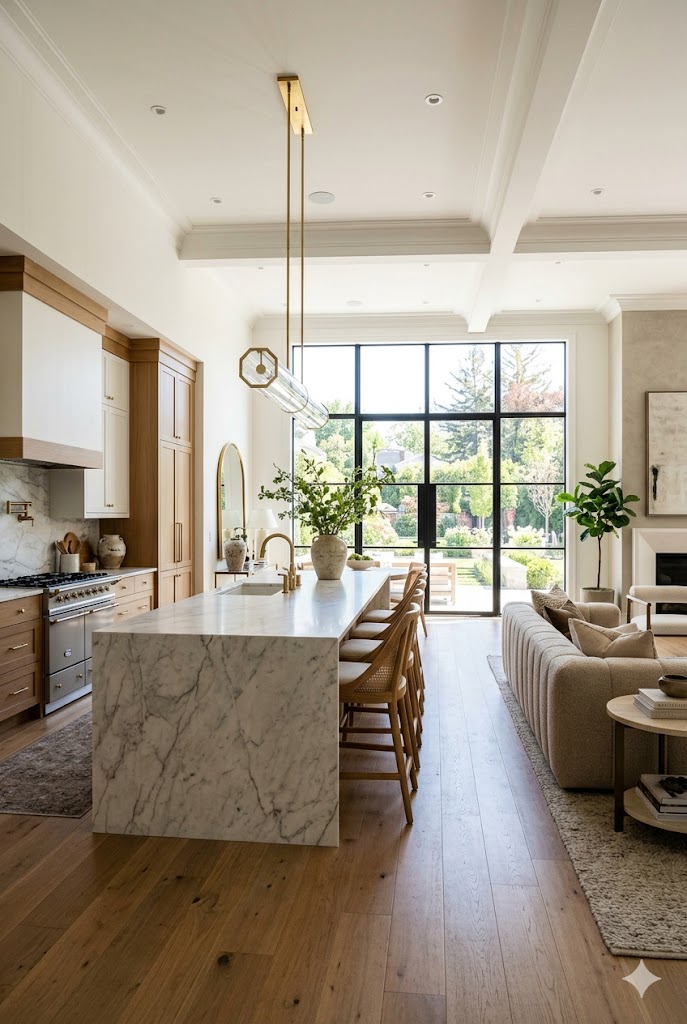 Open-concept luxury kitchen flowing into modern living space