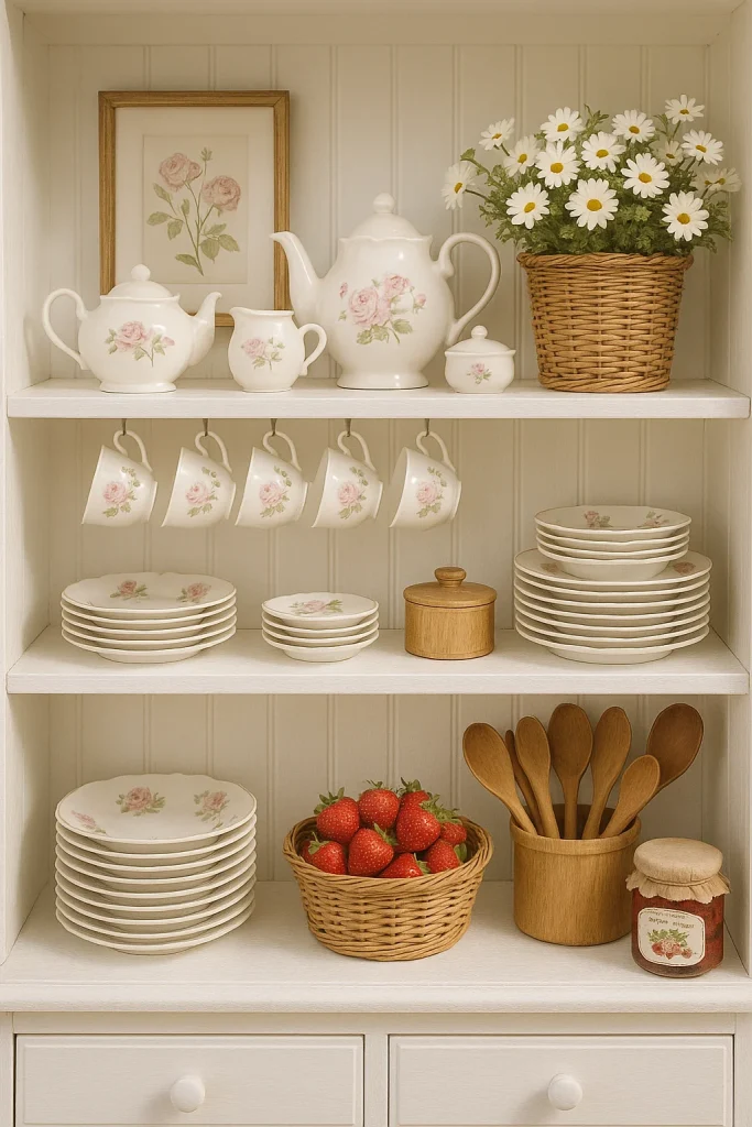 beautifully organized display of kitchenware and fresh produce on open shelves, evoking a sense of charming, cottage-core aesthetics.