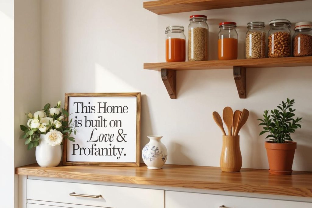 Wooden signs in farmhouse Kitchen.