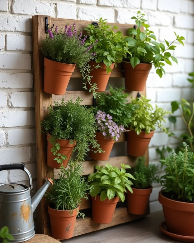 A vertical garden with various herbs and plants in terracotta pots mounted on a wooden pallet against a white brick wall.