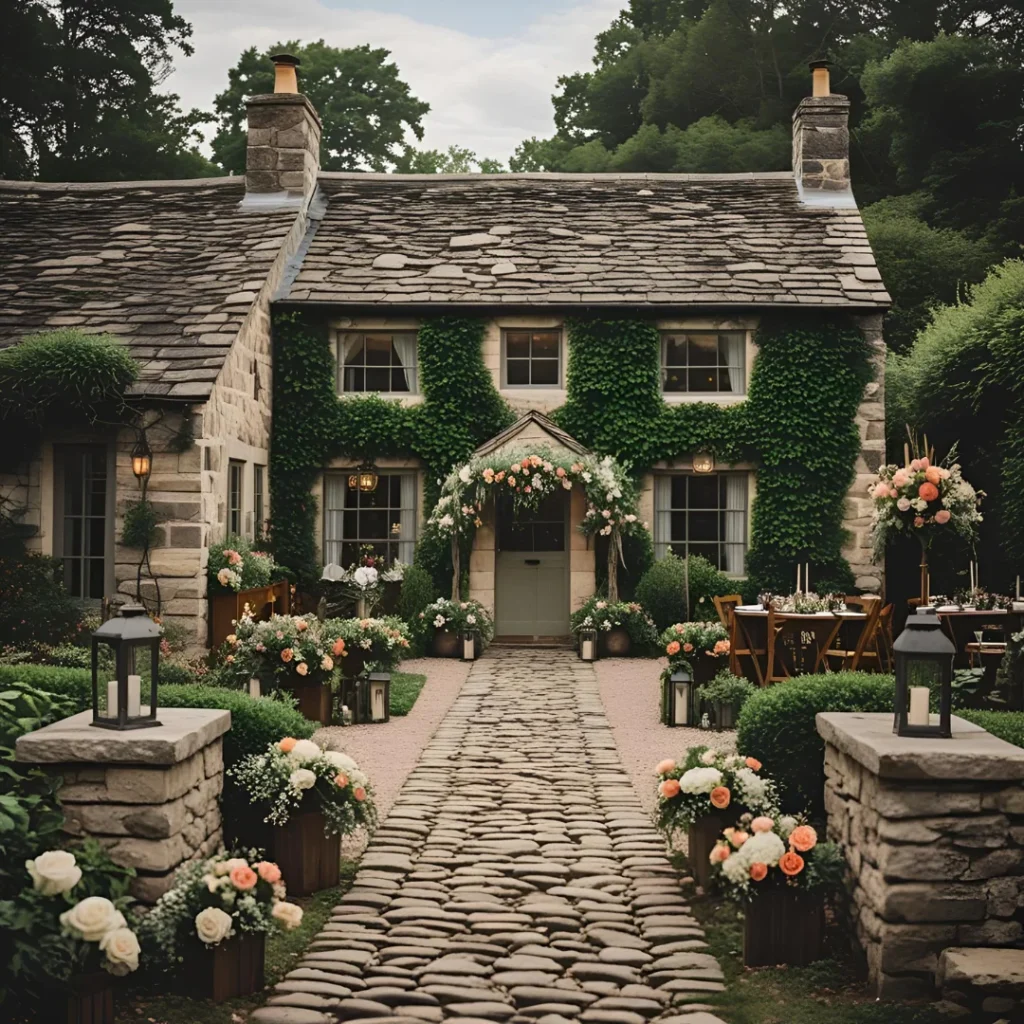 A romantic stone cottage wedding venue surrounded by lush gardens