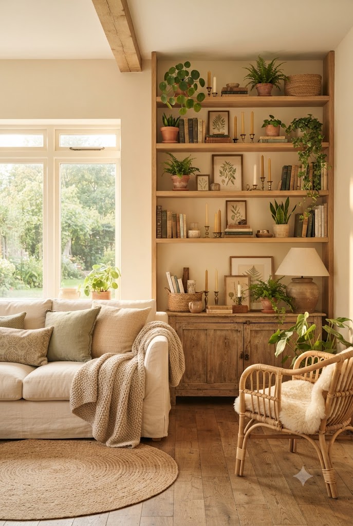 Boho chic living room Styled with  Open Shelves