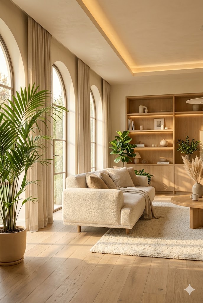 Sunlit living room with indoor plants