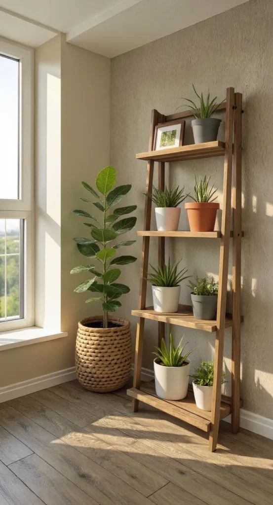 A wooden ladder shelf with various potted plants in a sunlit corner of a room.
