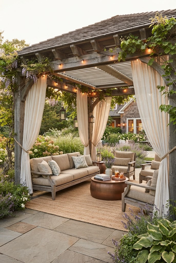 Covered Pergola with Outdoor Curtains