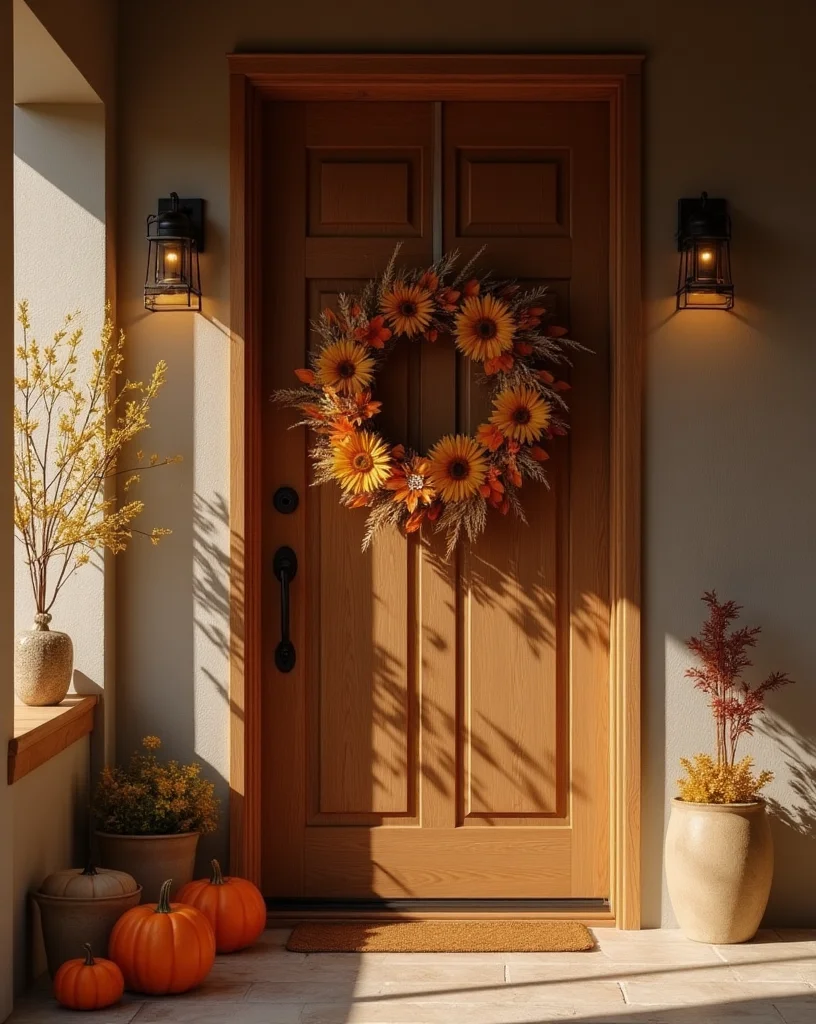 A front door decorated for fall with a sunflower wreath, pumpkins, and autumn foliage.