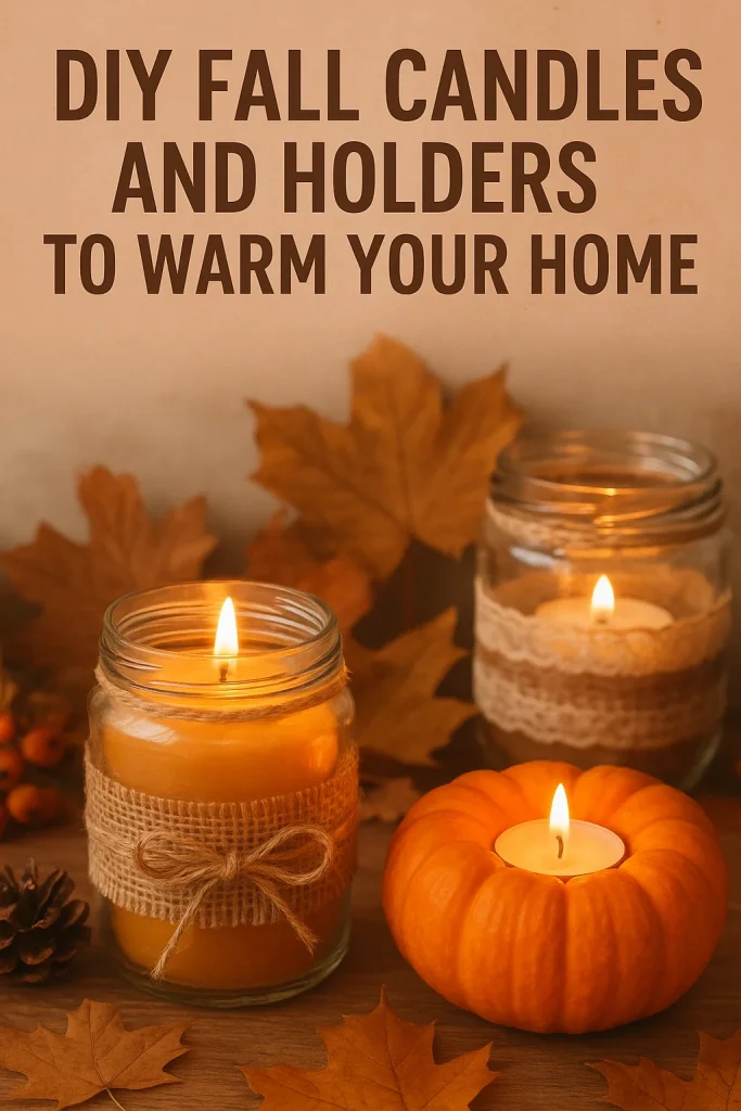 DIY fall candles in Pumpkin Holders and Mason jar wrap with burlap