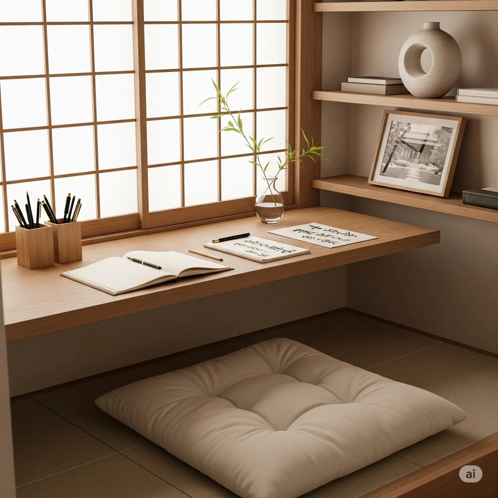 A serene Japandi-style home office or study nook with a wooden desk, shoji screen window, floor cushion, and decorative items.