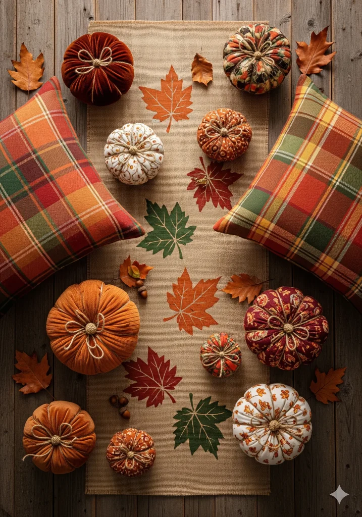 Autumn Fabric Crafts 
Fall fabric crafts including plaid pillows, fabric pumpkins, and a leaf-patterned table runner