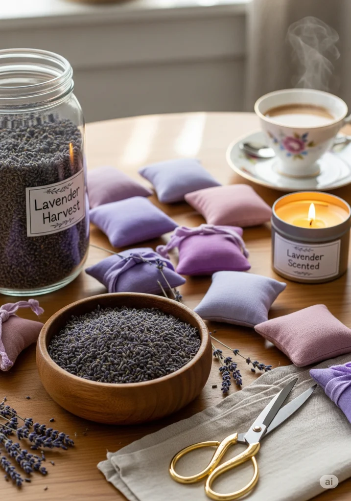 A close-up of a jar labeled "Lavender Harvest" filled with dried lavender, a wooden bowl of lavender buds, lavender sachets, a lit lavender-scented candle, and a teacup on a wooden surface. 

