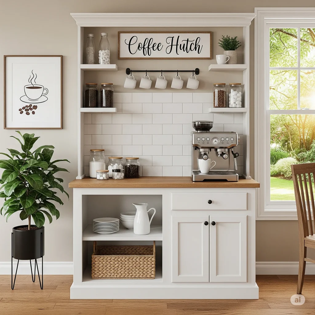 A stylish coffee hutch with a coffee machine, mugs, jars of ingredients, and decorative items.