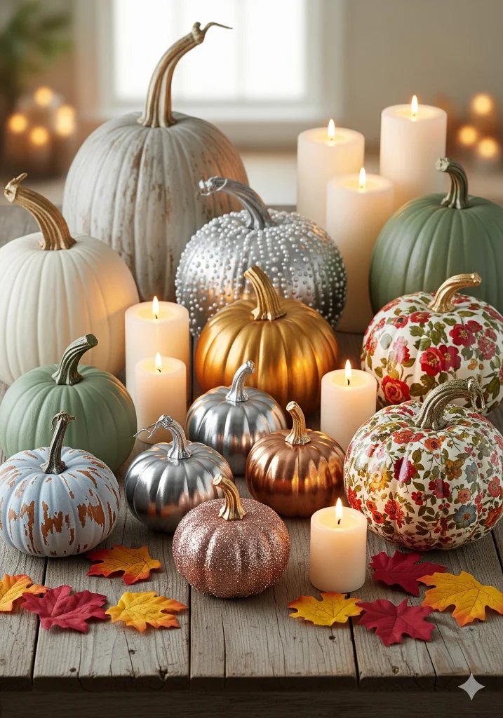 Pumpkin Craft
A collection of decorative pumpkins in various colors (white, silver, gold, green, patterned) and textures, arranged with lit candles, creating a cozy fall display. 
