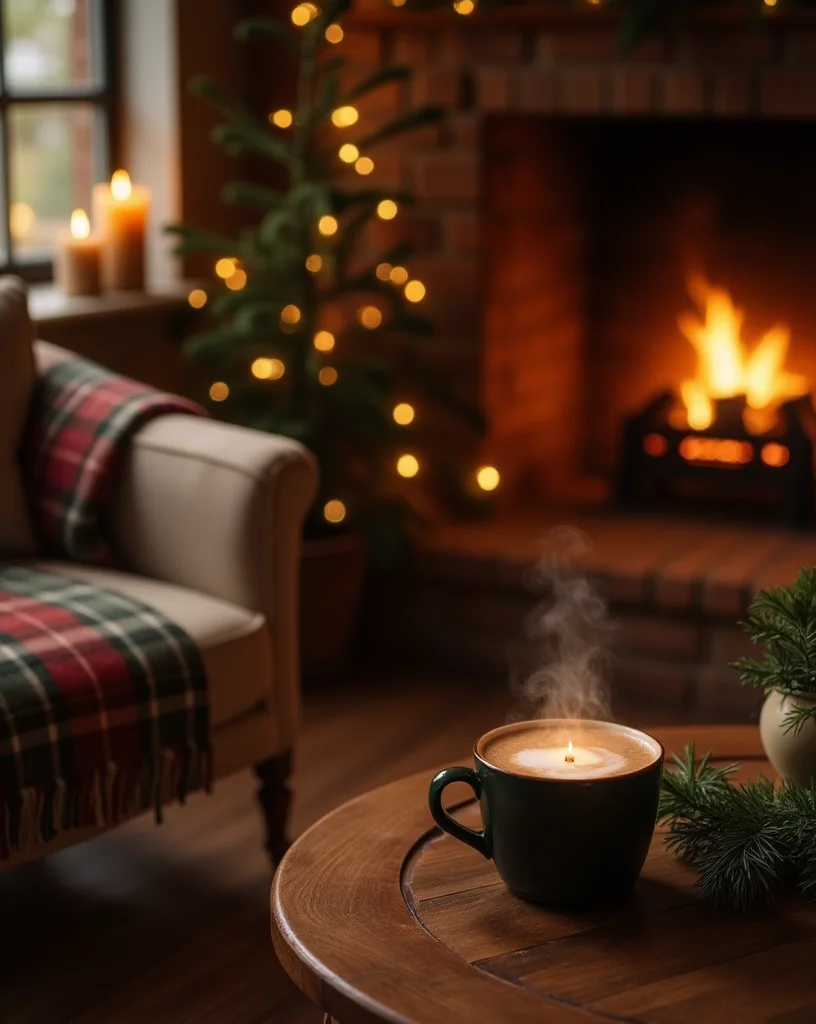 A steaming mug on a table in a cozy room with a fireplace, a decorated Christmas tree, and a plaid-covered armchair. 
Best Candle Scents
