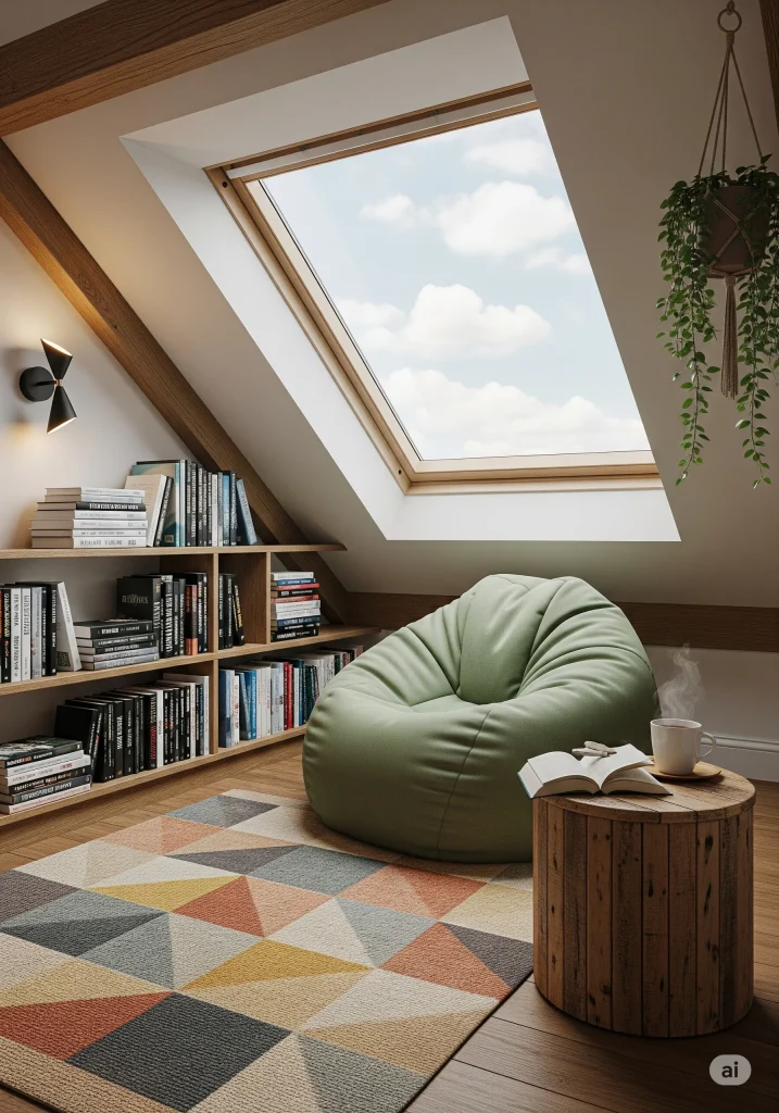 A cozy attic room with a skylight, a green bean bag chair, a wooden spool table with a book and mug, and bookshelves filled with books.